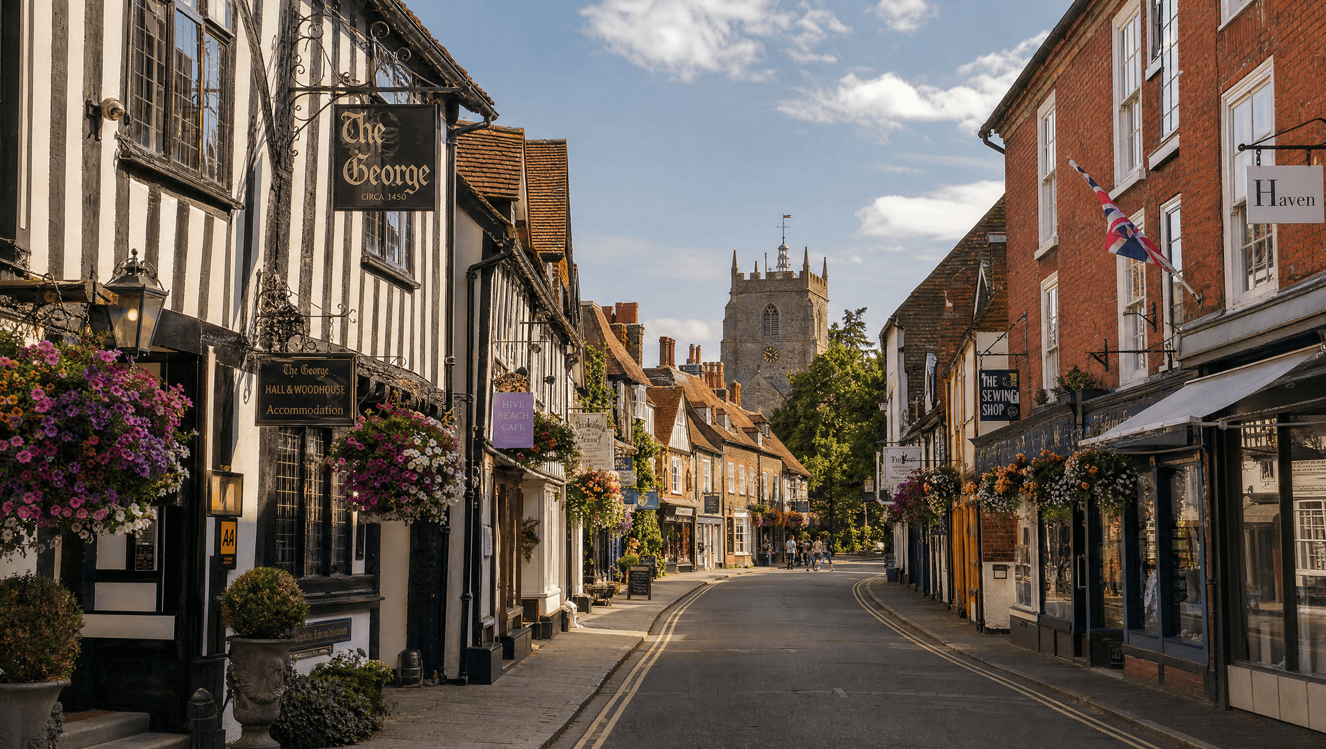 Preserved English village high street with Tudor and Georgian facades