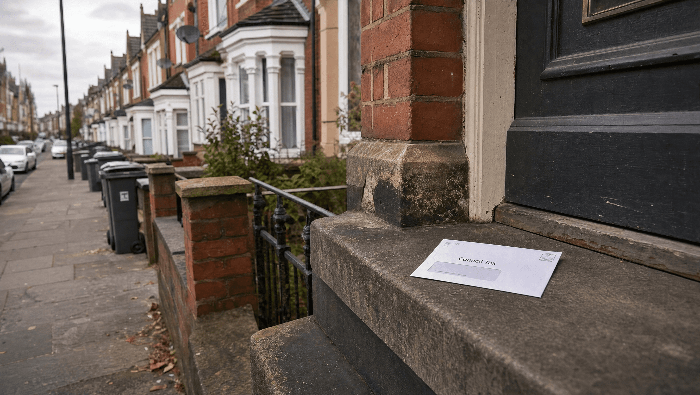 Victorian terraced street with a council tax letter on the doorstep