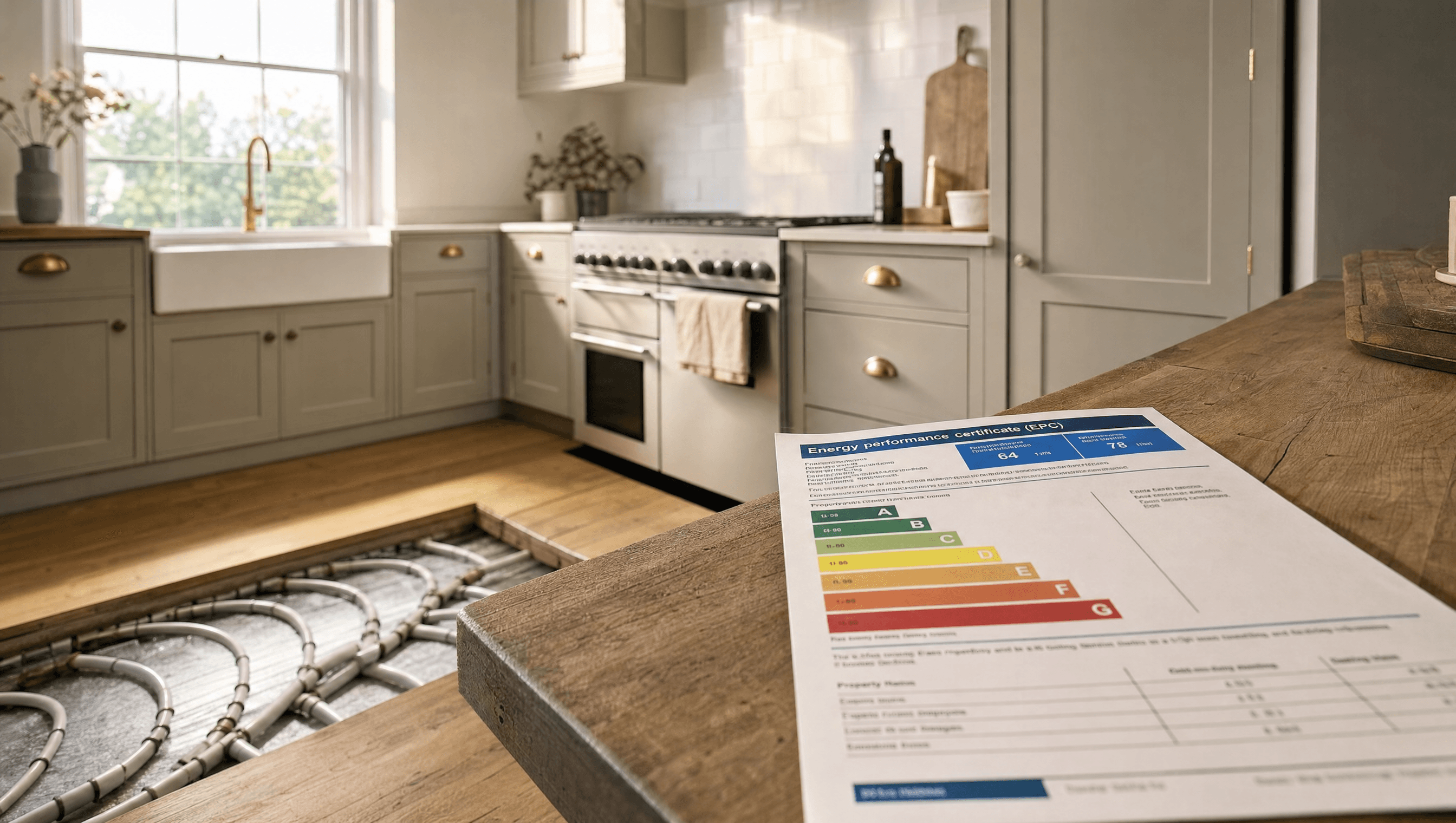 UK kitchen with EPC certificate on the counter