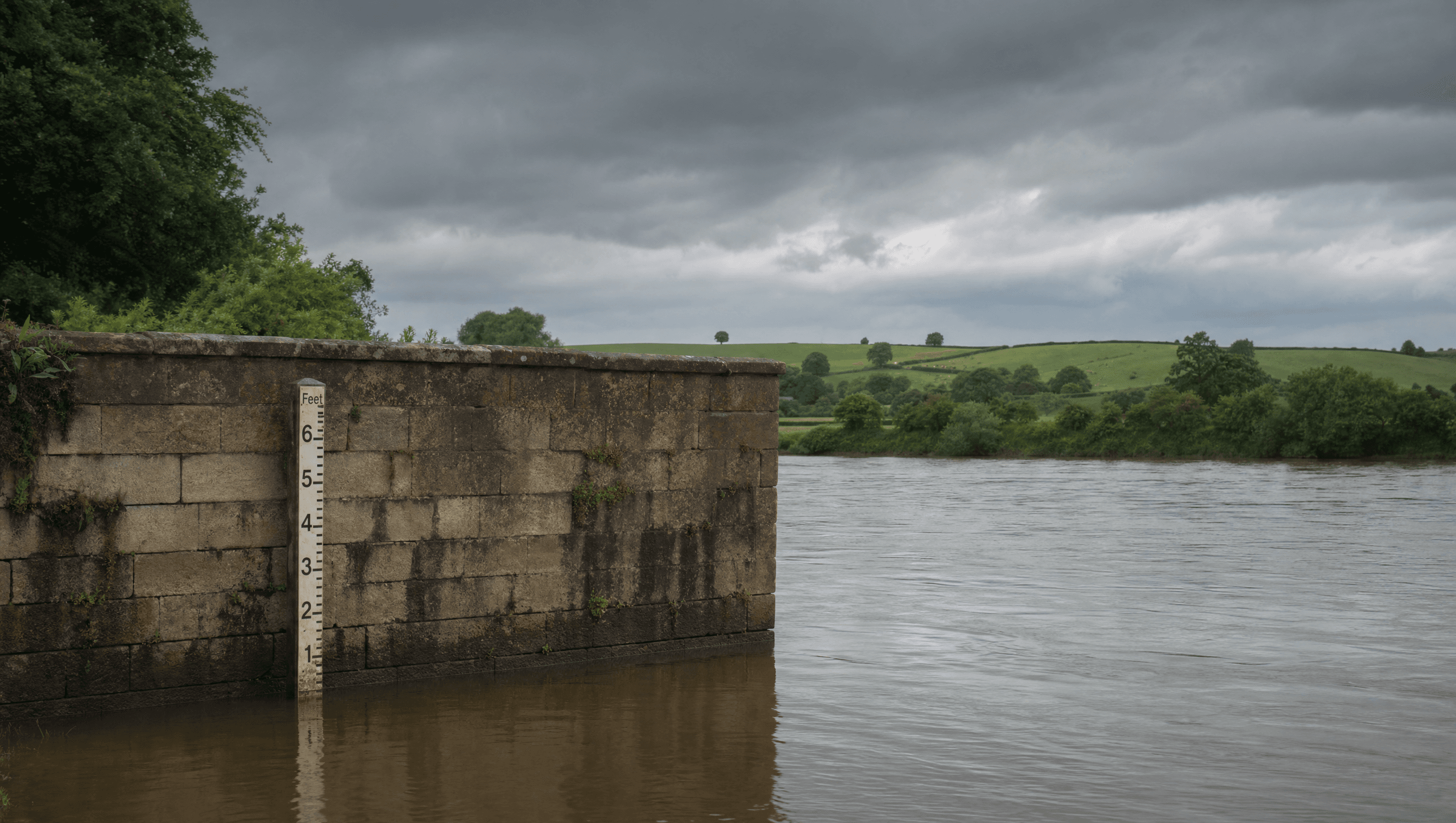 English river bank with flood gauge post and water marks