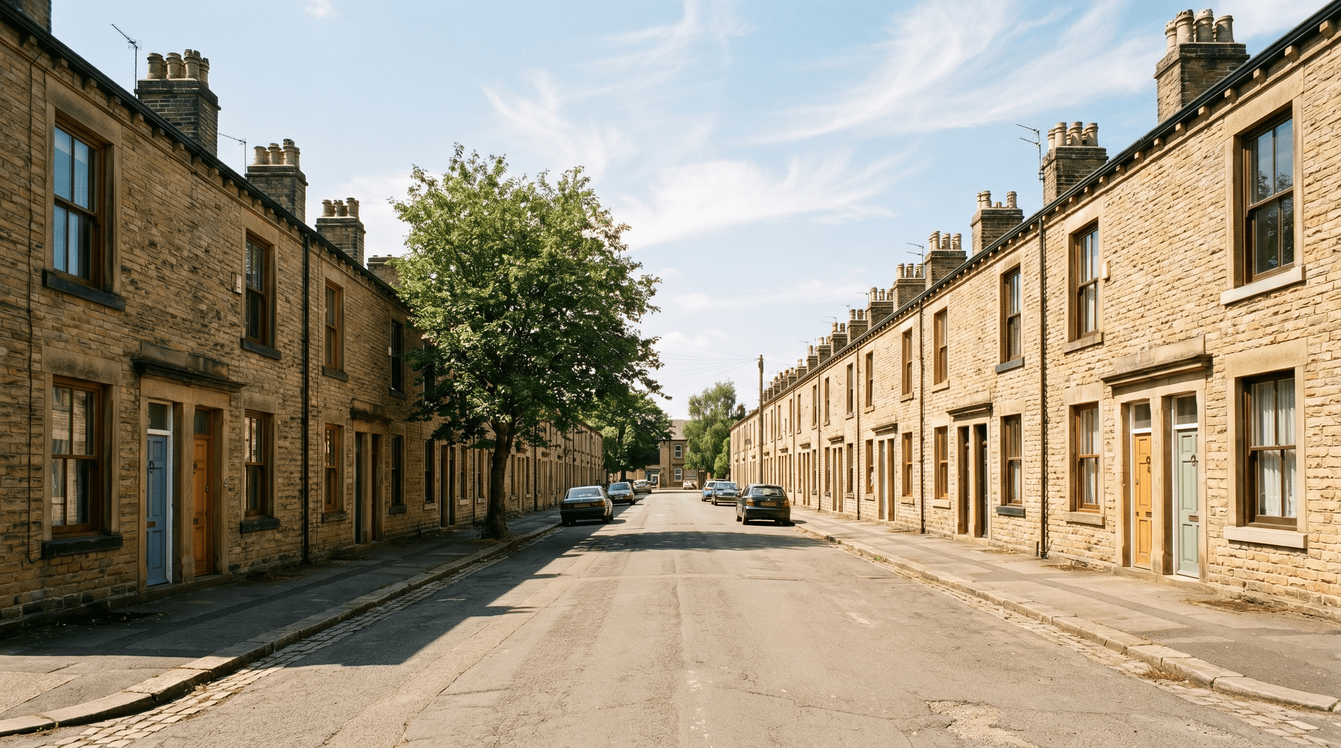 Headingley-style Leeds Yorkshire-stone terraced street on a clear summer day — rows of two-storey honey-coloured stone-fronted back-to-back terraces with sash windows, period door colours in slate blue, ochre and dark green, mature street tree, stone-set kerb