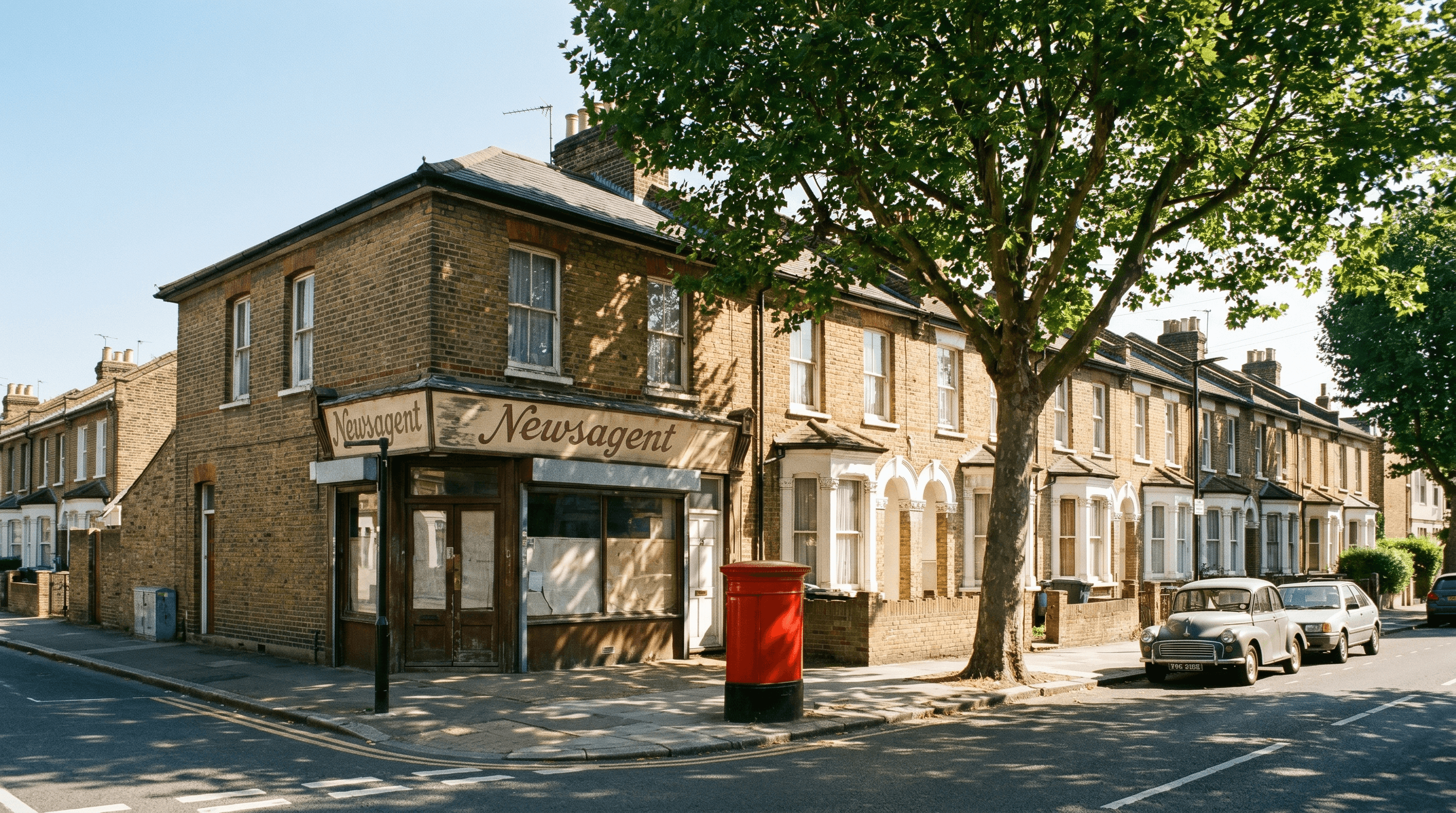 South London residential corner on a clear summer day — yellow stock-brick Victorian terraces wrapping around the corner with a small independent newsagent on the ground floor, a red Royal Mail post box in the foreground, mature plane tree casting dappled shadow on the pavement