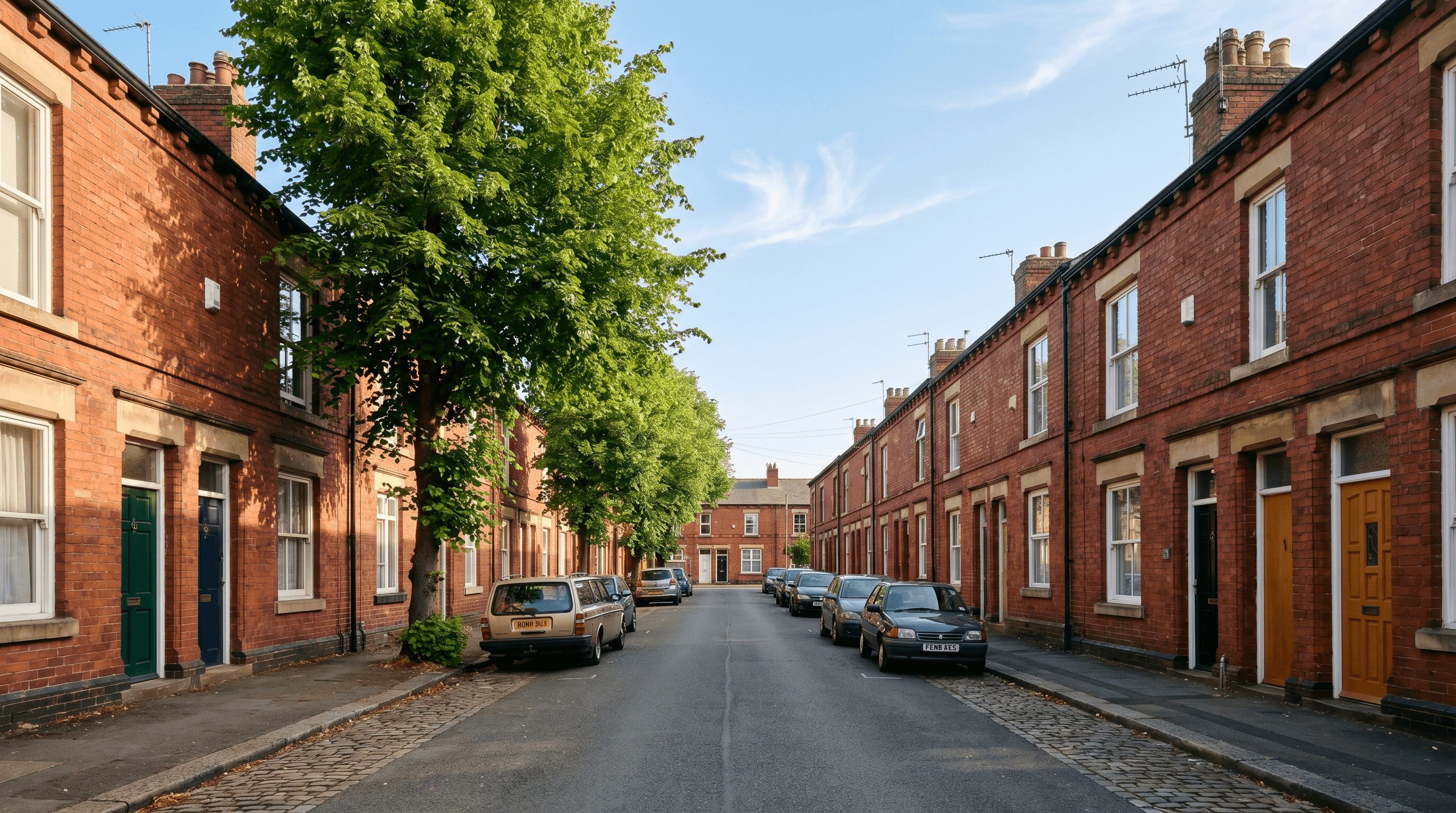 Chorlton-style red-brick Edwardian terraced street in Manchester on a clear summer day, stone-set kerb, mature tree mid-street, ochre and sage period front doors, sash windows, slate roofs with twin chimney stacks