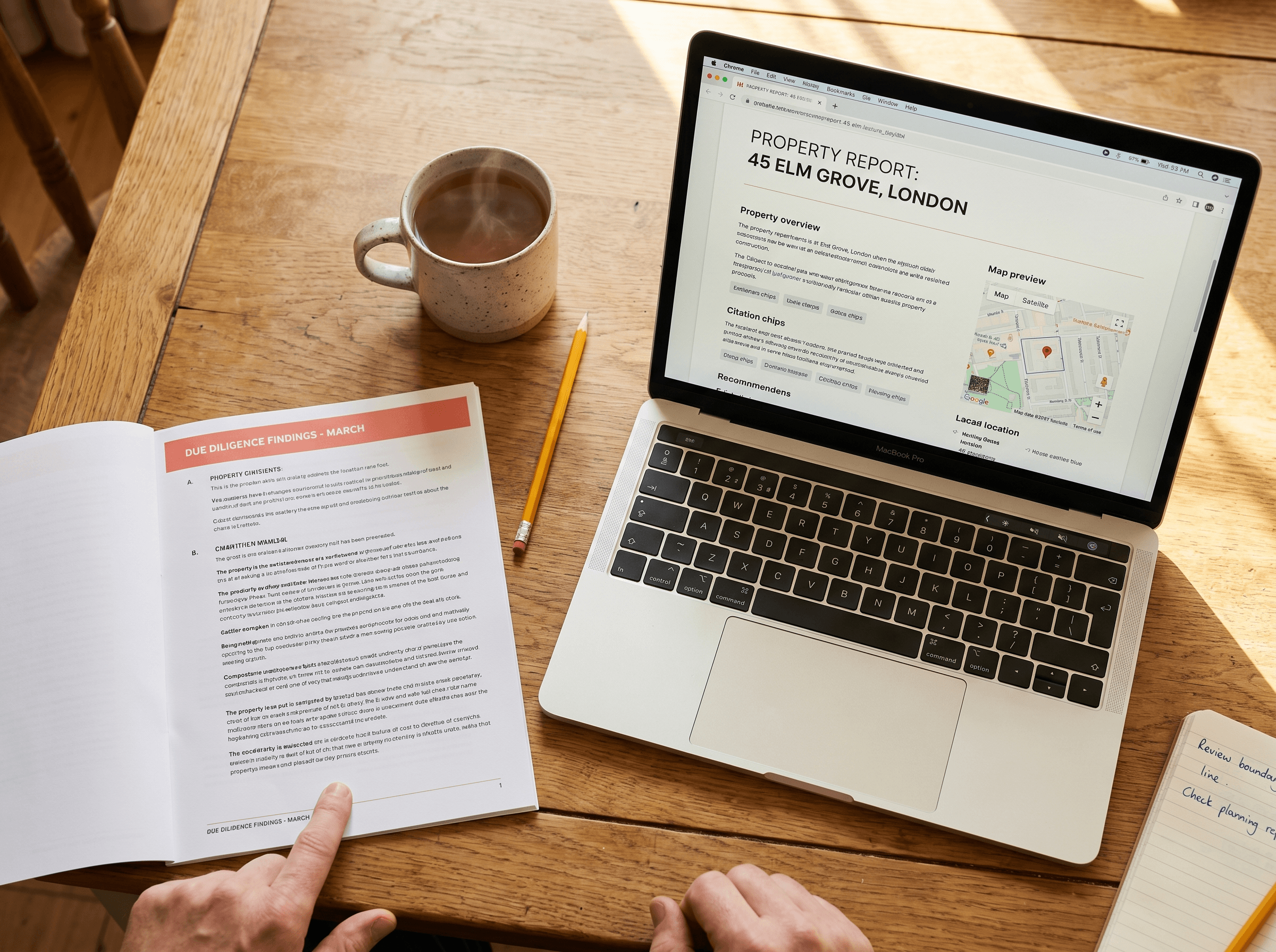 Overhead view of a kitchen table with an open laptop displaying an Eavesdrop property due-diligence report, a printed copy of the report with a coral header strip, a stoneware mug of tea, a pencil, a notebook with handwritten buyer notes, and a hand pointing to a line on the printed report