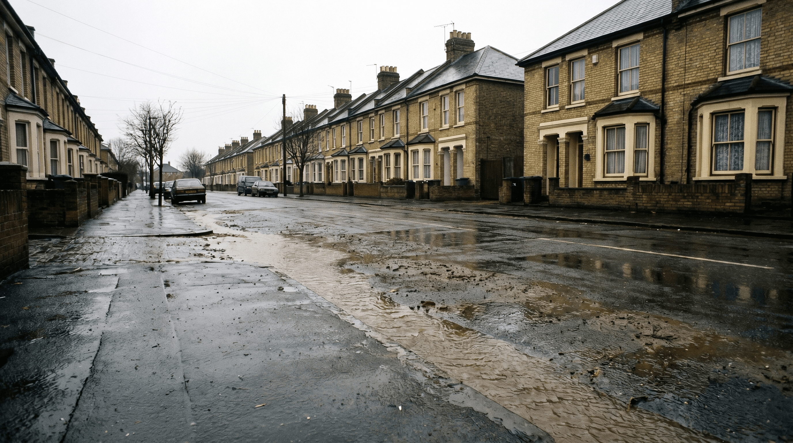 UK suburban residential street after heavy rain, rain-darkened tarmac, water pooling at the kerb in front of yellow stock-brick Victorian terraces, overcast bright daylight