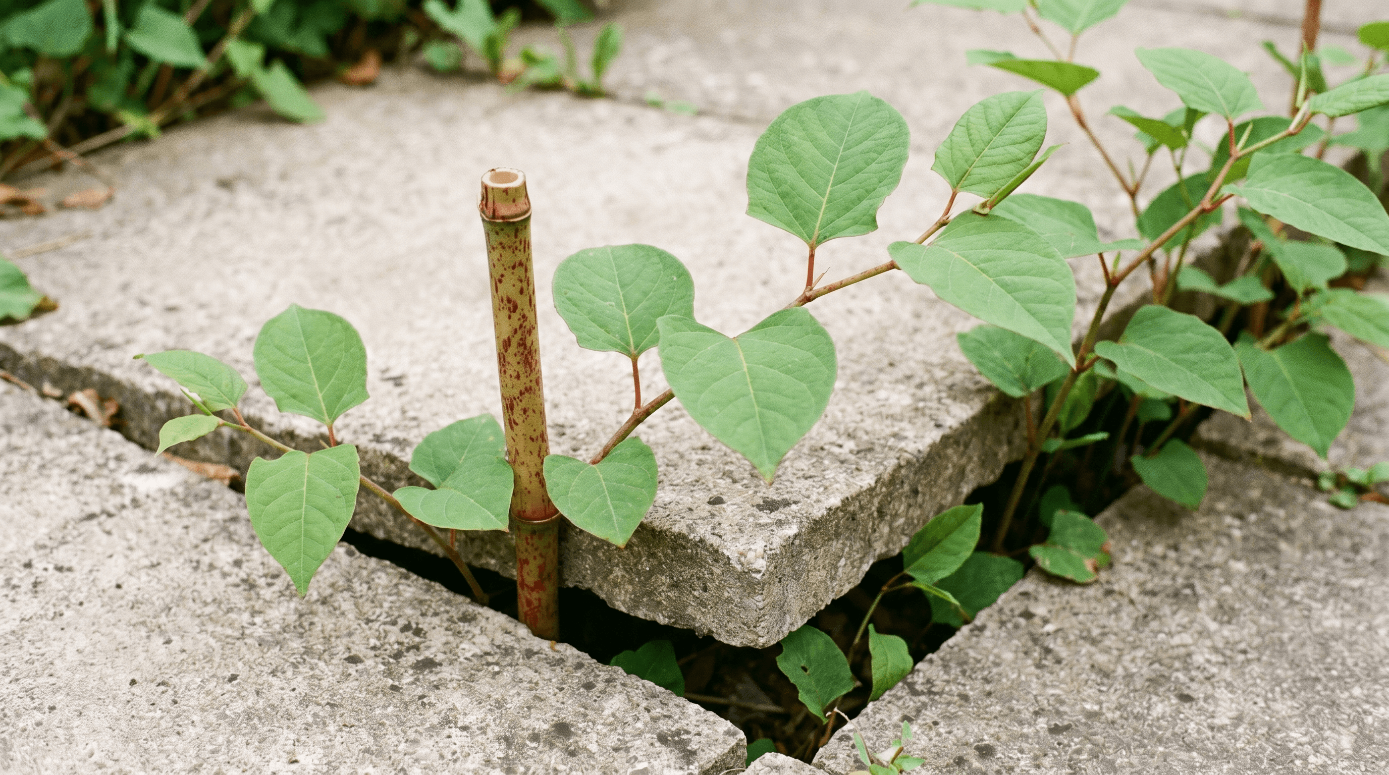 Close-up of Japanese knotweed (Reynoutria japonica) growing through and lifting a paving slab in a UK garden — distinctive heart-shaped green leaves and red-speckled bamboo-like cane visible against concrete slabs