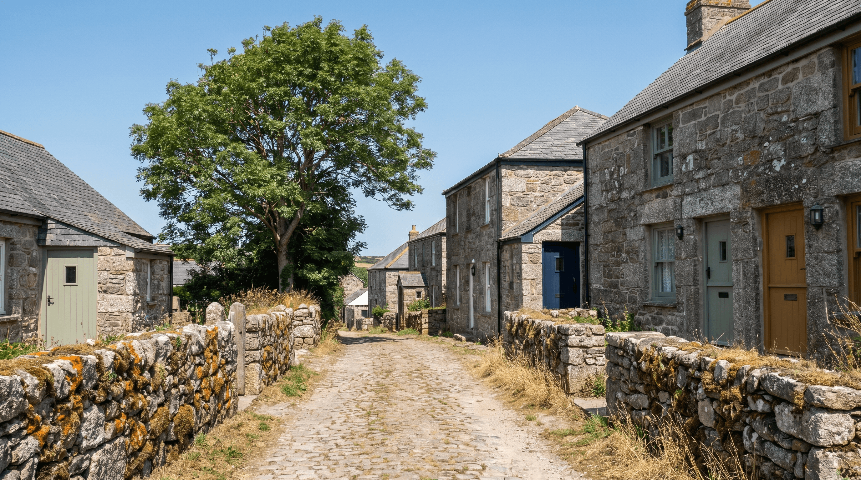 Cornish stone-built village street on a clear summer day, slate-roofed granite cottages with painted period doors, dry-stone walls and a mature ash tree — the geological context where radon hot-spots are mapped