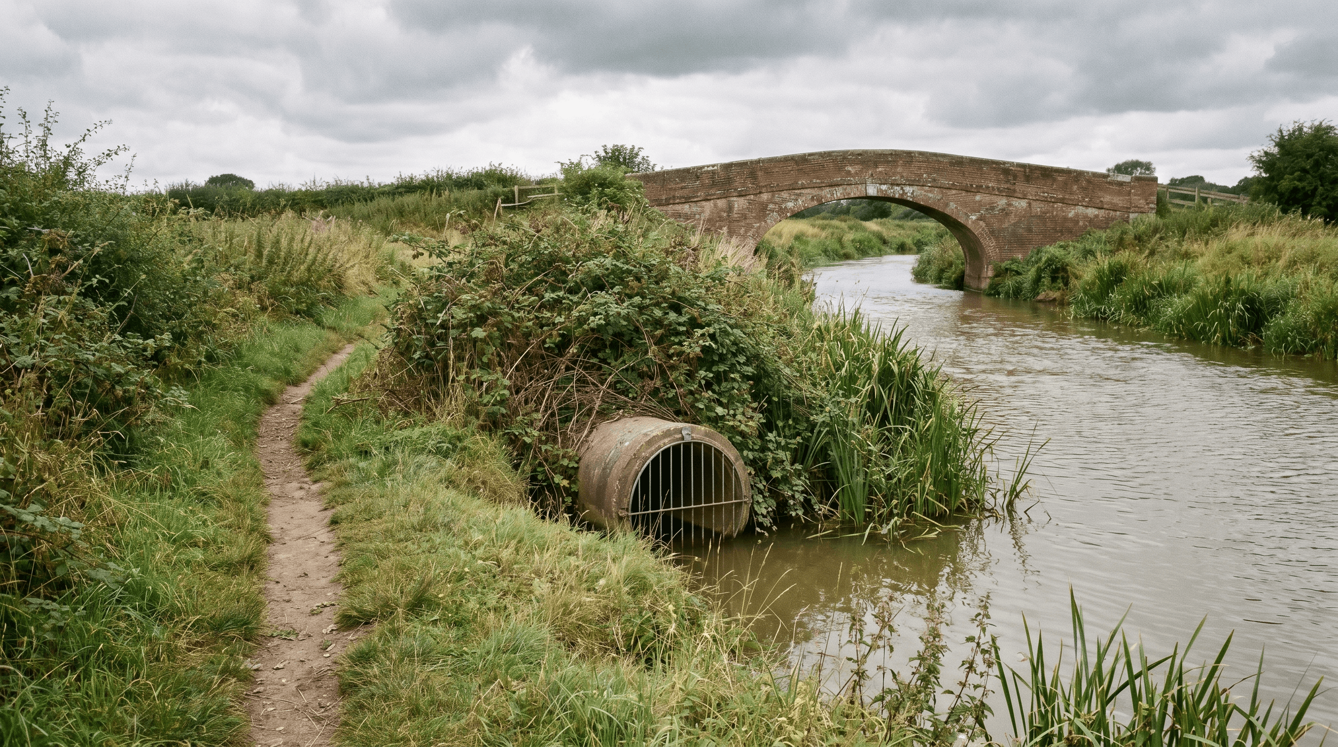 UK canal or river on an overcast summer day, with a concrete combined-sewer-overflow (CSO) outfall pipe visible at the water's edge surrounded by brambles and reeds, a Victorian red-brick bridge in the background, and a footpath alongside