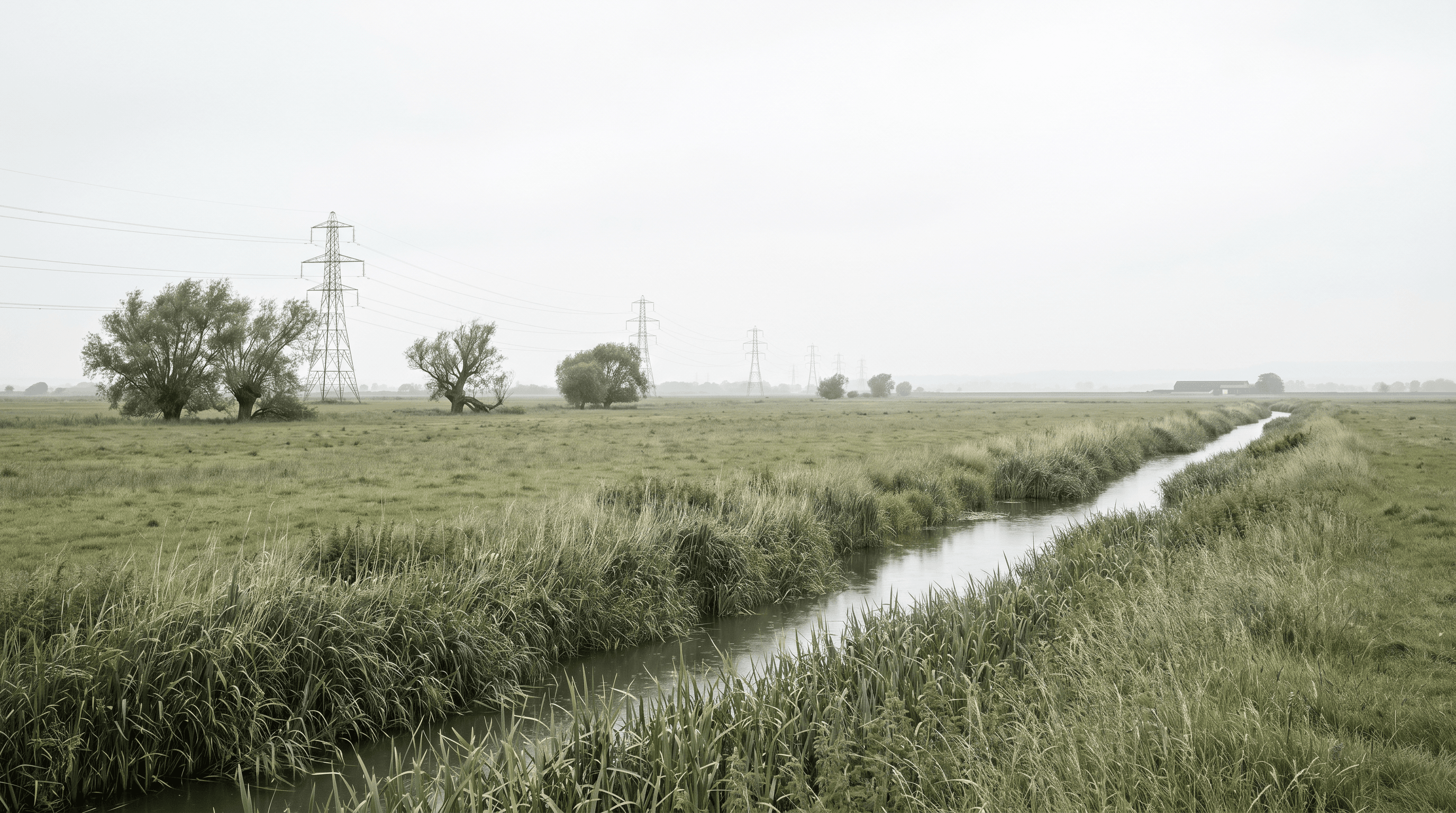 Wide documentary landscape photograph of the Somerset Levels on an overcast bright day — flat fenland horizon, a single drainage rhyne running diagonally through reed-fringed grass, electricity pylons in the middle distance, mature willow trees, no people