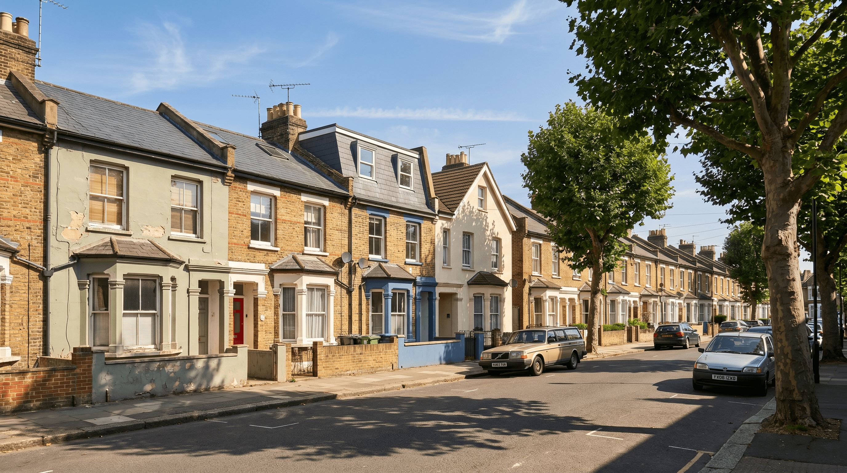 Wide view of a curving south London Victorian terraced street on a clear summer day, showing rows of yellow stock-brick houses with varying painted facades, door colours and rooflines — the same street containing many different stories